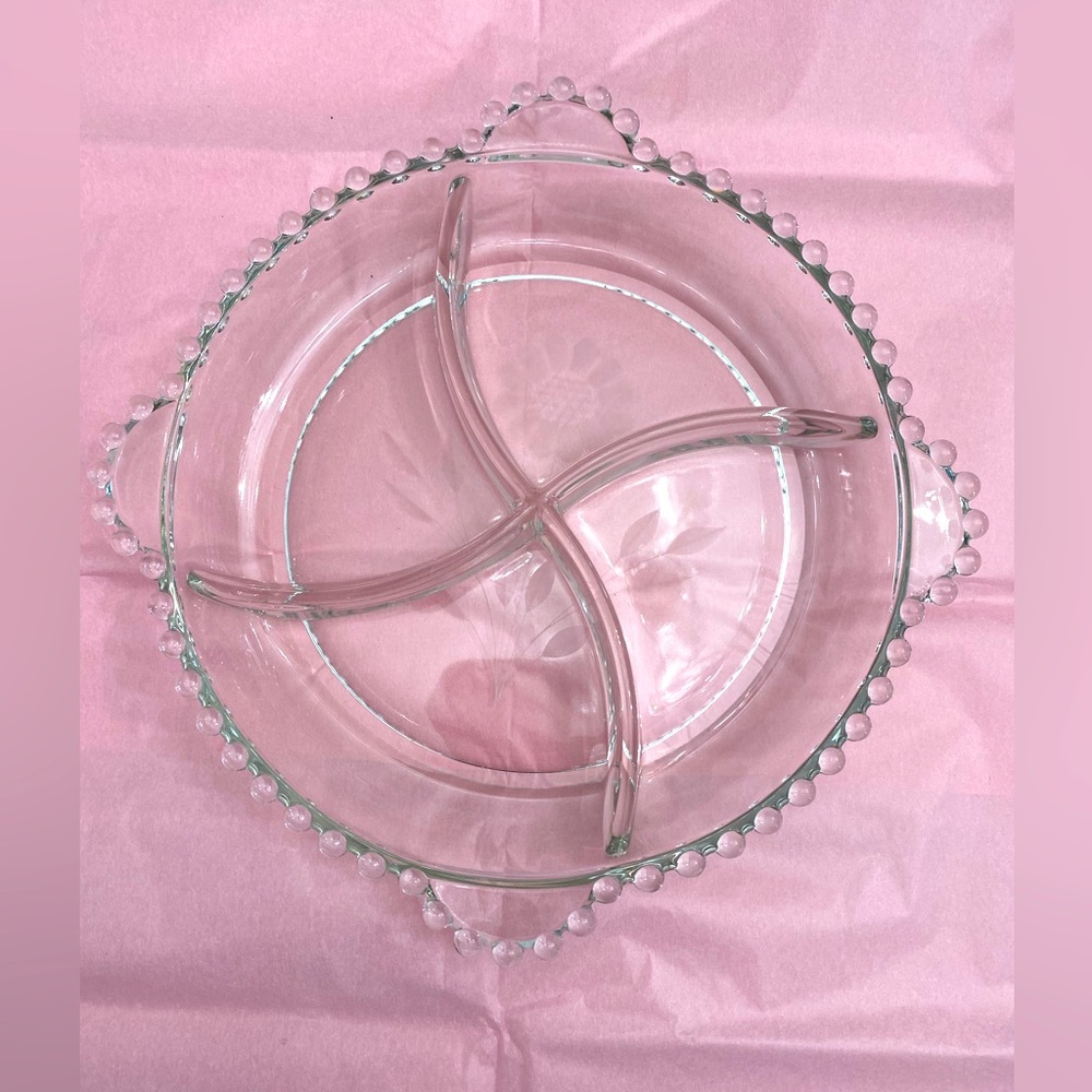 EUC Vtg Candlewick 4 Section Glass Dish with John Hughes Etched Cornflower Tray